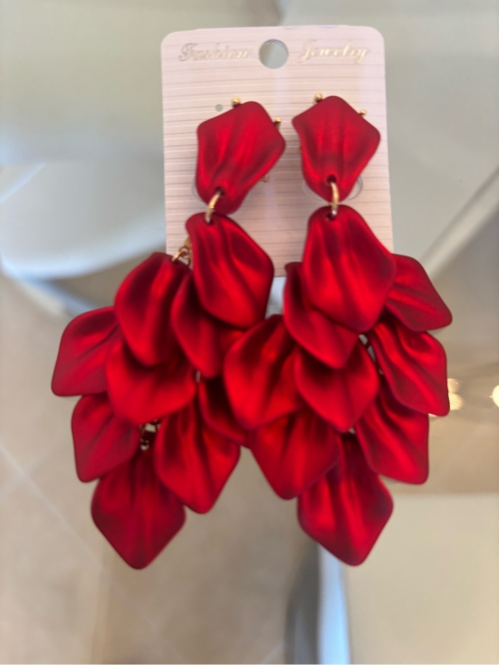 Fashion Jewelry Red Clip On Petal Cluster Drop Earrings